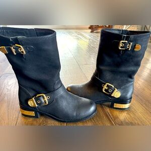 Vince Camuto black leather gold buckles and heel moto boot. Size 8 1/2